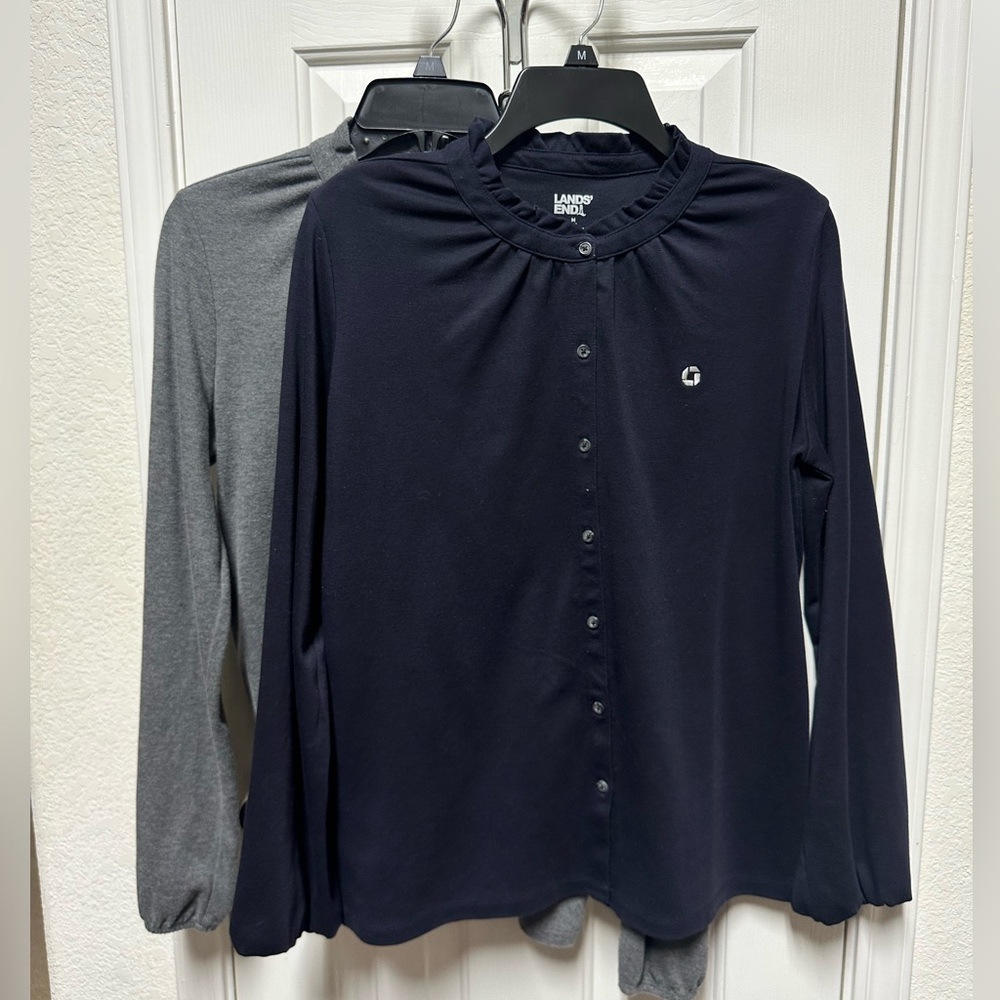 2 CHASE BANK Lands' End Navy and Gray Button-Up